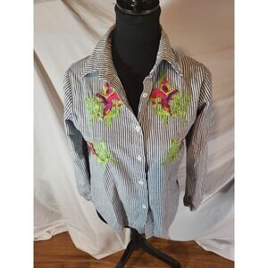 Hiso Hiso Design By Irat Blue & White Striped Embroidered Button Down Shirt Size